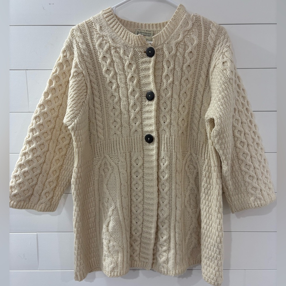 Kilronan Knitwear Merino Wool Cable Knit Cardigan Sweater‎ Ireland L